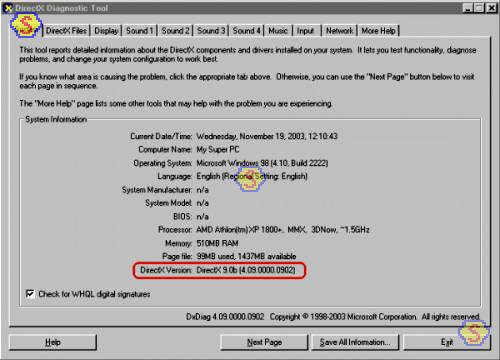 DXDIAG System tab with DirectX 9.0b installed